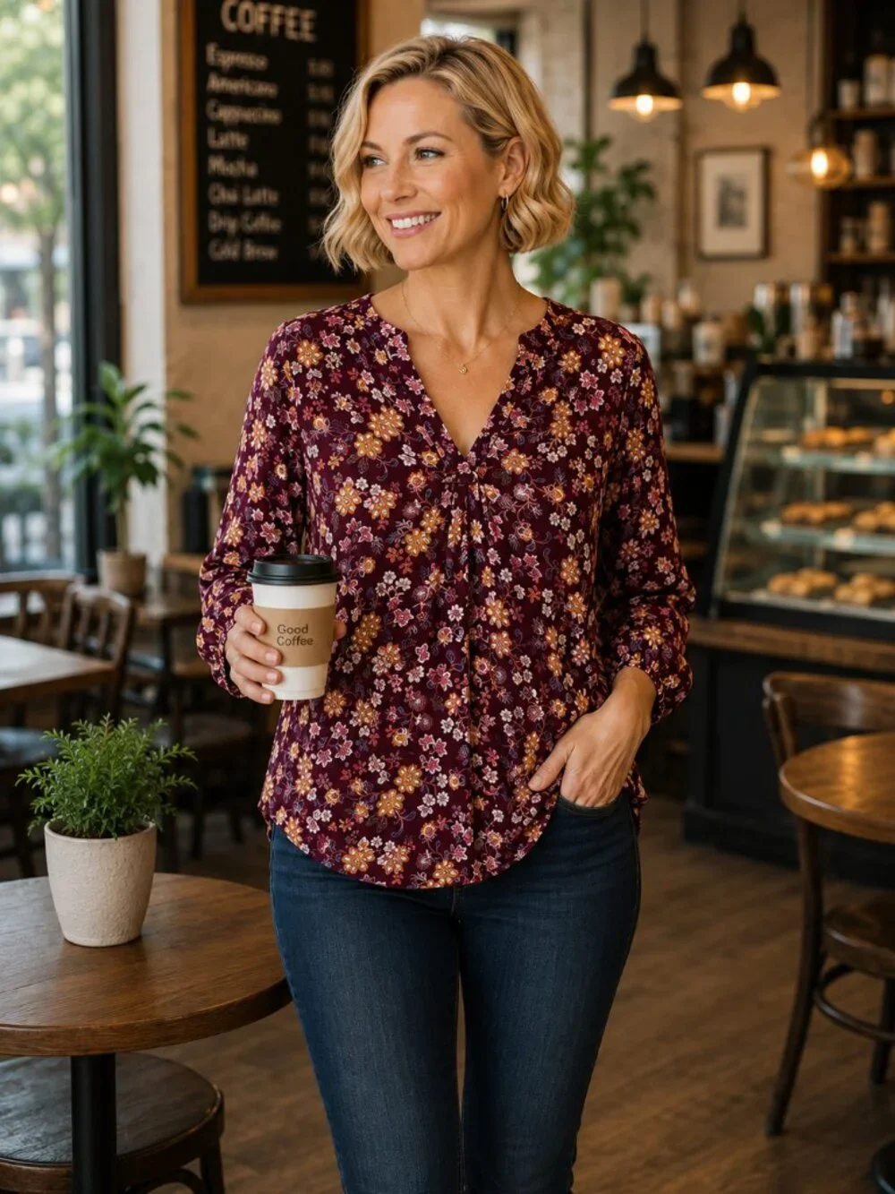 Vince Camuto Women's V-Neck Tunic Blouse Size L Brown Multi Floral Office Casual